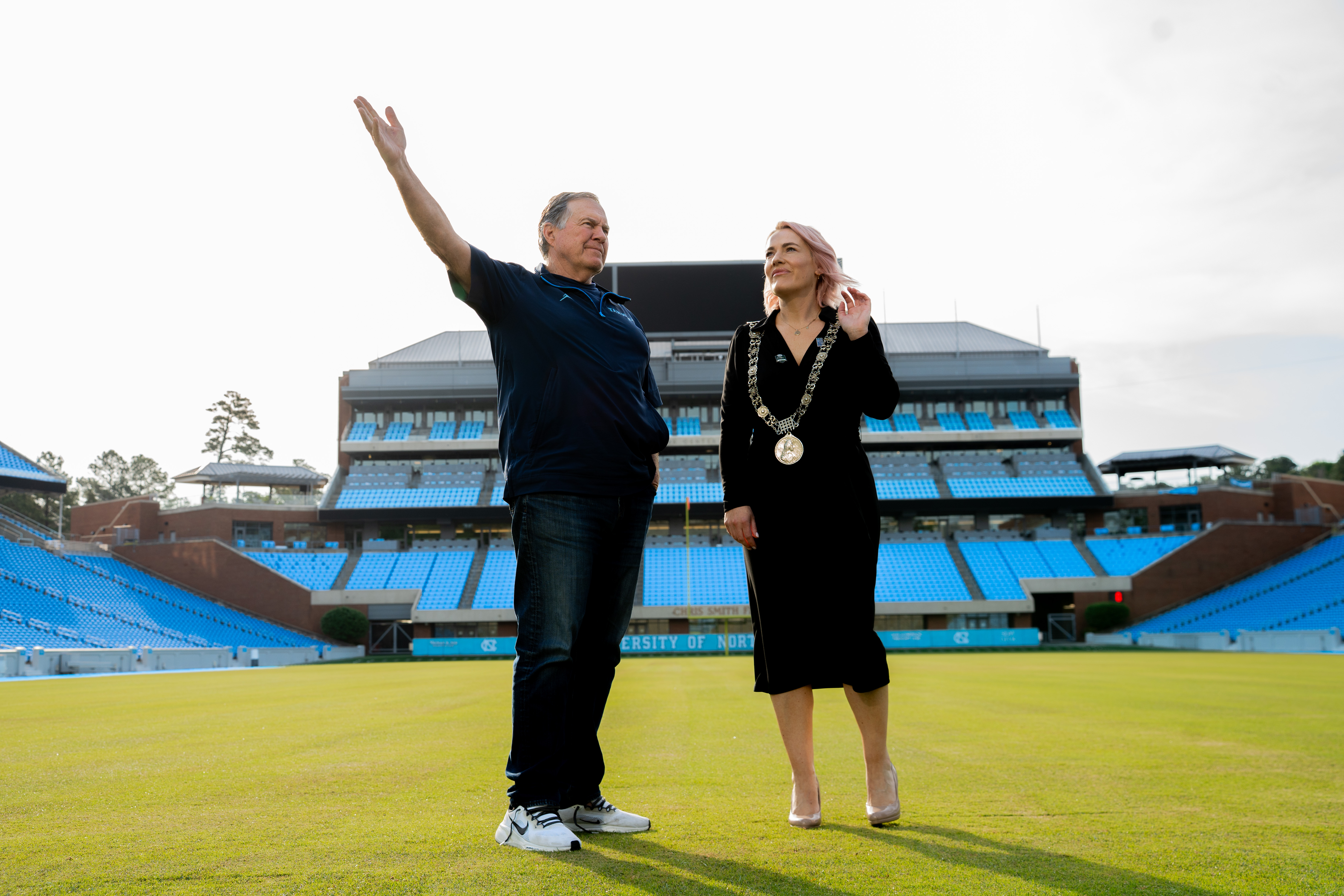 UNC Head Coach Bill Belichick Shows Lord Mayor of Dublin, Emma Blain around Kenan Memorial Stadium